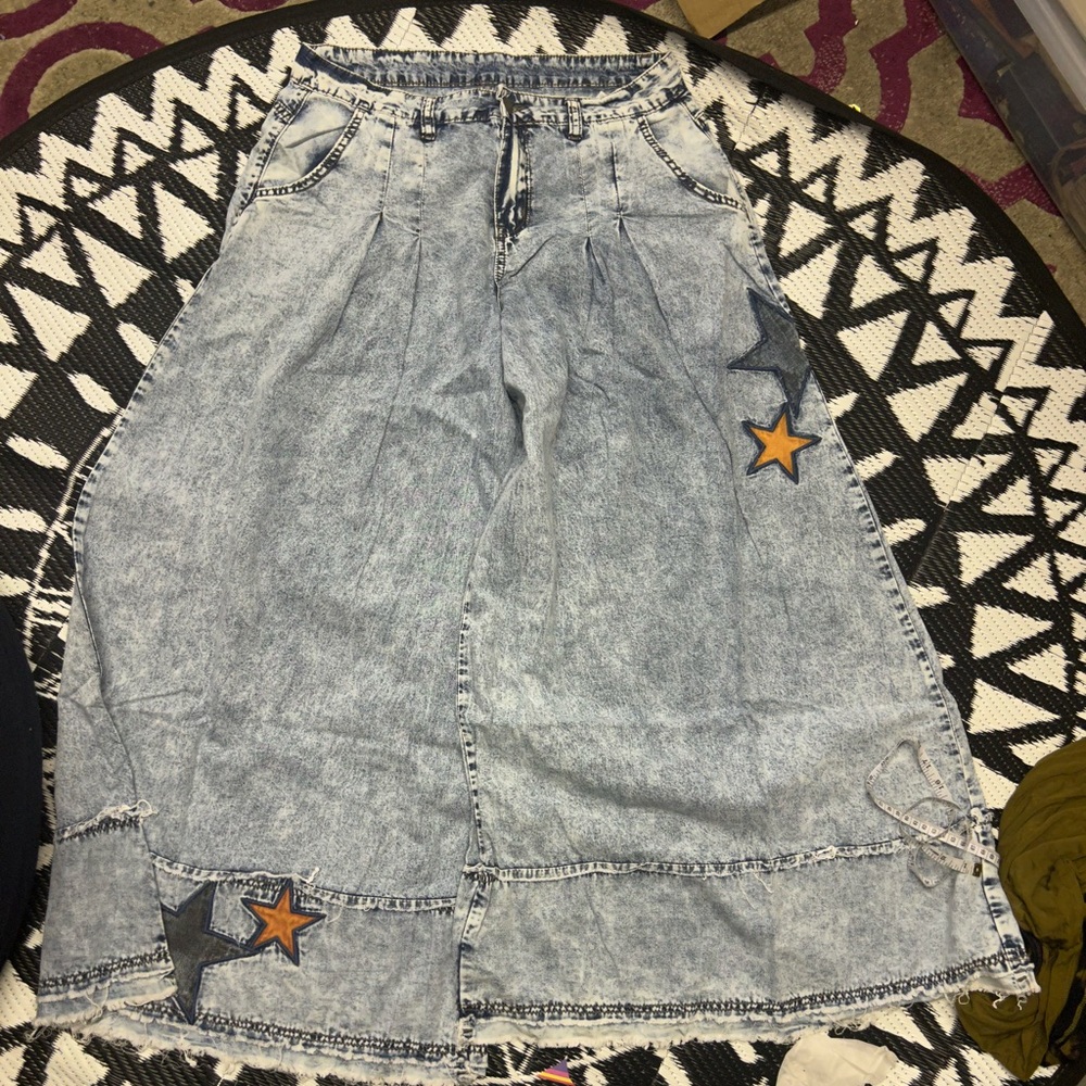 NWOT Bohemela Acid Wash Wide Leg Pants With Star Patch Details Size L - Picture 8 of 15